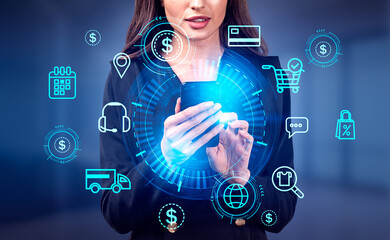Businesswoman with phone, digital hologram with online shopping icons