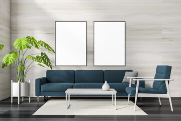 Chill interior with couch and armchair on wooden floor. Mockup frames