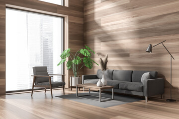 Fototapeta premium Lounge interior with couch and coffee table, window and empty wall