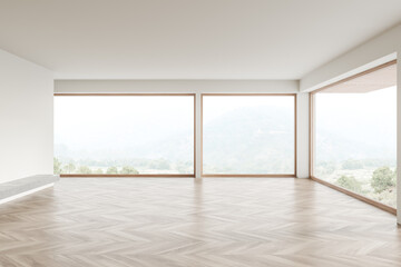 White empty hall in studio flat, panoramic window on countryside