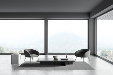 Relax room interior with chair, coffee table and panoramic window