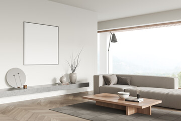 Fototapeta premium Light lounge room interior with couch and window. Mockup frame