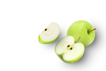 Green apple with cut in half sliced isolated on white background. Top view. Flat lay. Copy space.	
