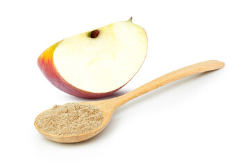 Apple pectin fiber powder in wooden spoon and fresh red apple sliced isolated on white background. 