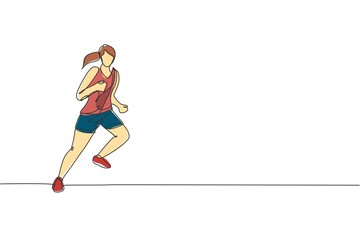 One single line drawing of young energetic woman runner run relax vector graphic illustration. Individual sports, training concept. Modern continuous line draw design for running competition banner