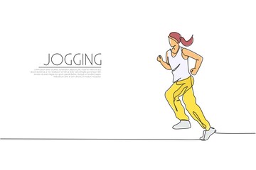 Single continuous line drawing young agile woman runner jogging run. Individual sport with competition concept. Trendy one line draw design vector graphic illustration for running tournament promotion