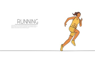 Fototapeta na wymiar One single line drawing of young energetic woman runner focus to run fast vector illustration. Individual sports, training concept. Modern continuous line draw design for running competition banner