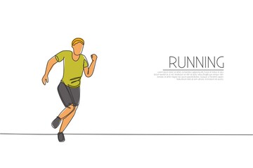 Fototapeta na wymiar Single continuous line drawing of young agile man runner try to reach finish. Individual sport and competition concept. Trendy one line draw design vector illustration for running tournament promotion