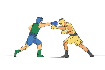 One single line drawing of two young energetic men boxer attack each other at boxing match vector illustration. Sport combative training concept. Modern continuous line draw design for boxing banner