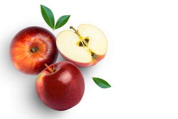 Red apple with cut in half sliced and green leaves isolated on white background. Top view. Flat lay. Copy space.