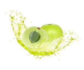 Indian gooseberry (Amla) in water splash isolated on white background.