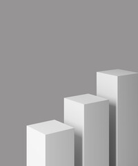 white platform podium stand three box gray background. object with clipping path. copy space. booth mockup with minimal concept. advertising display for product fashion and cosmetics. 3D illustration.