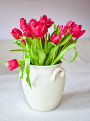 Bouquet with blooming dark pink tulips in a stoneware pot indoors on a table with white cloth.