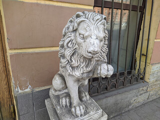 sculpture of a lion on the street of Saint Petersburg Russia.