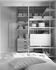 Total white project draft, modern minimalist bedroom with walk-in closet, close up, bed, duvet and pillows. Chest of drawers, hangers, rack and shelves. Contemporary interior design
