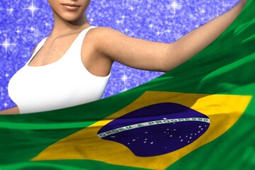 cute girl holds Brazil flag in front on the blue shining sparks background - flag concept 3d illustration