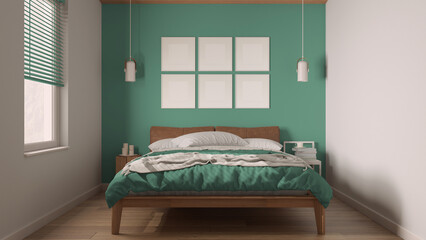 Minimalist turquoise and wooden bedroom in scandinavian style, double bed with duvet, pillows and blanket, parquet, frame mockup, pendant lamps and side tables. Modern interior design