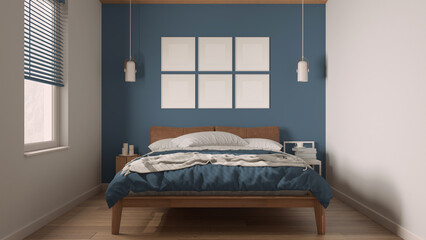 Minimalist blue and wooden bedroom in scandinavian style, double bed with duvet, pillows and blanket, parquet, frame mockup, pendant lamps and side tables. Modern interior design