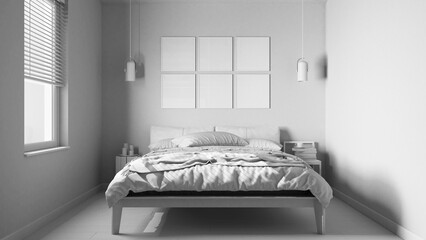 Total white project draft, minimalist bedroom in scandinavian style, double bed with duvet, pillows and blanket, parquet, frame mockup, lamps and side tables. Modern interior design