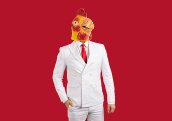 Portrait of man in funny disguise. Happy proud rich young businessman wearing elegant white suit...