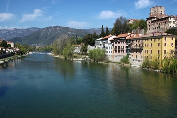 Fototapeta na wymiar Italy, Veneto: View of Bassano from the Alpini Bridge.