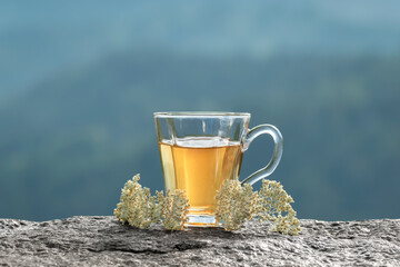Healing yarrow tea and Achillea millefolium flowers on blurred mountain nature background with copy...