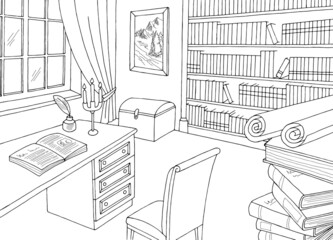Old library interior graphic black white sketch illustration vector