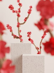 3d minimal display podiums with cherry blossom flower or Sakura background and foreground. 3d rendering of realistic presentation for product advertising. 3d minimal illustration.
