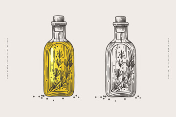Hand-drawn bottles with organic oil and rosemary branch on a light isolated background. Can be used for cafe menu design, restaurant and store packaging. Vintage illustration in engraving style.