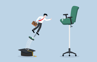 Job promotion require educational level, positive impact of education on career development concept. Businessman jumping springboard  attached to graduation cap up to higher office chair.