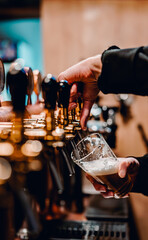 bartender's hands pour craft beer from a tap into a glass in bar