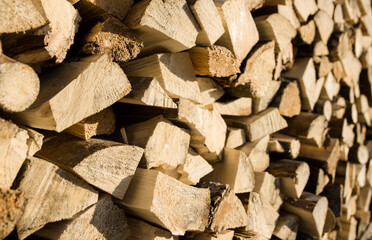 Wooden natural sawn logs as background, top view, flat lay.