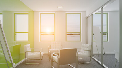 Fototapeta na wymiar Modern office building interior. 3D rendering.. Sunset.