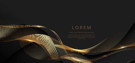 Abstract 3d black background with gold lines curved wavy sparkle with copy space for text. Luxury style template design.