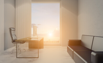 Elegant office interior. Mixed media. 3D rendering.. Sunset.