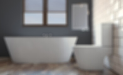Bokeh blurred phototography. Modern bathroom including bath and sink. 3D rendering.. Blank pa