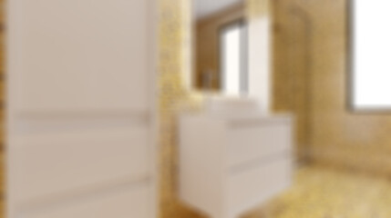 Modern bathroom including bath and sink. 3D rendering.. Abstract blur phototography.