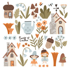 Vector illustrations set of forest plants, magic houses, flowers and fairy tale characters. Cute, fabulous houses, acorns, mushrooms, lilies of the valley in cartoon style. © Tonia Tkach