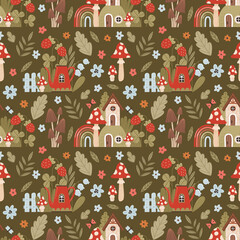 Bright fairy pattern with fairy houses and forest plants in cartoon style. Seamless background with amanita, ferns, flowers, fairy houses, rainbow.