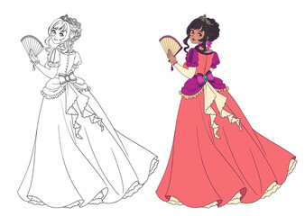 Vector illustration of cartoon princess standing and holding fan.