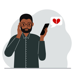 Happy man reading a message on his mobile phone. Message with a broken red heart. Vector