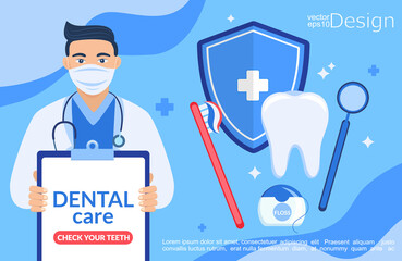 Dental care concept. Dentist with tablet for check tooth.Template design for web,banner,flyer,stomatology and orthodontics medical center.Teeth treatment,protect and cleaning teeth.Vector illustration