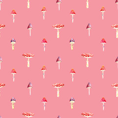 Seamless watercolor pattern with poisonous mushrooms, autumn mushrooms, fly agarics, toadstools. Botanical pattern for design, printing, postcards, fabrics, gifts