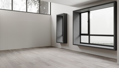 Obraz premium 3d rendering of modern empty living room with wooden floor, wall with big window on nature background