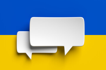 Social media notification icons, white bubble speech on the background of the flag of Ukraine. 3D rendering