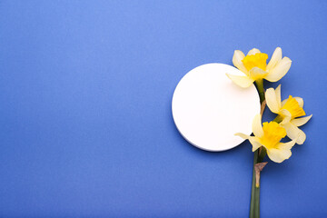 Bouquet of daffodils on color background, top view with space for text. 