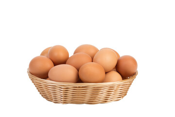 Fresh eggs in a wicker basket.
