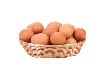 Fresh eggs in a wicker basket.