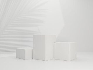 White podium pedestal empty product display to show cosmetic product platform with leaf shadow on white background 3d rendering