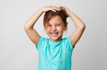 Happy child on white background with copy space
